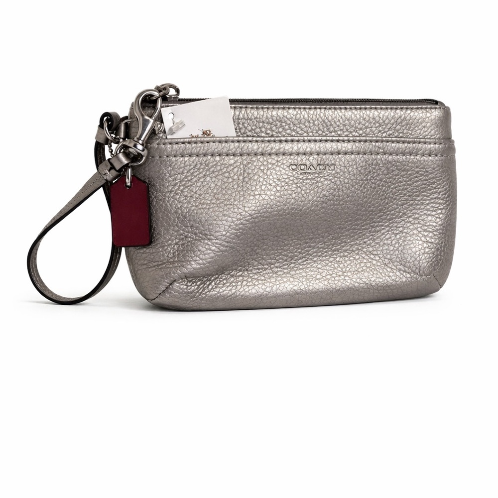 Coach Silver Pebbled Leather Wristlet with Burgundy Tag
